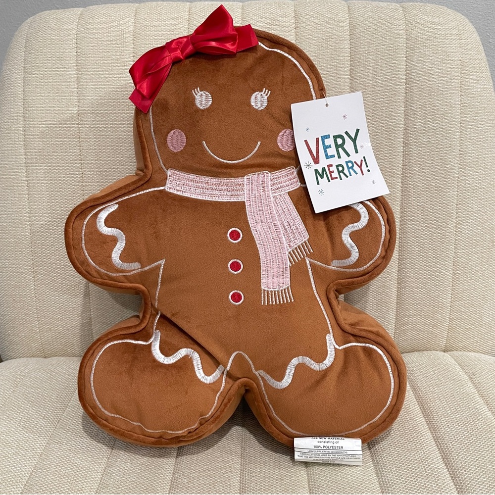 NEW Very Merry Gingerbread Girl Plush Christmas Decorative Pillow Brown Red Bow‎